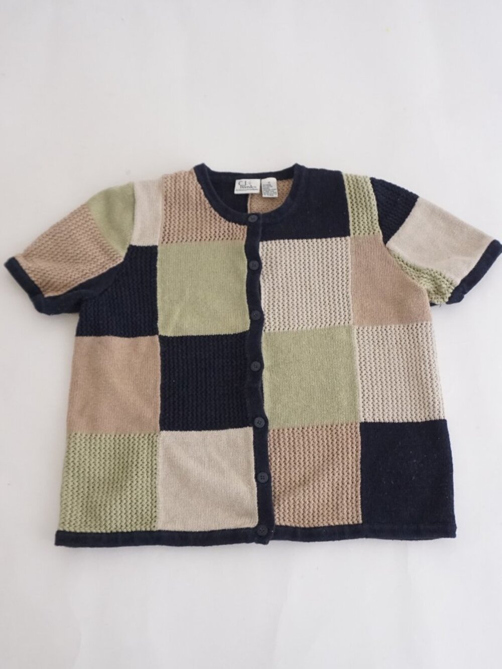 Vintage CJ Banks Black Green Colorblock Knit Button Front Cardigan Cottage 1X